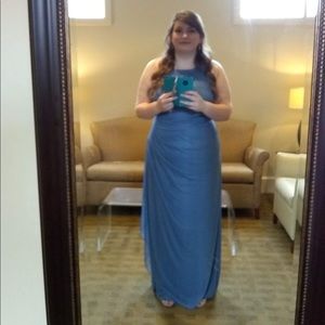 Steel Blue Bridesmaids dress with sheer neckline.